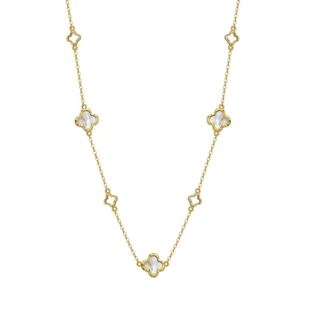 Mother of Pearl Clover Station Necklace | Sterling Silver Gold Plated | 16 - 18"